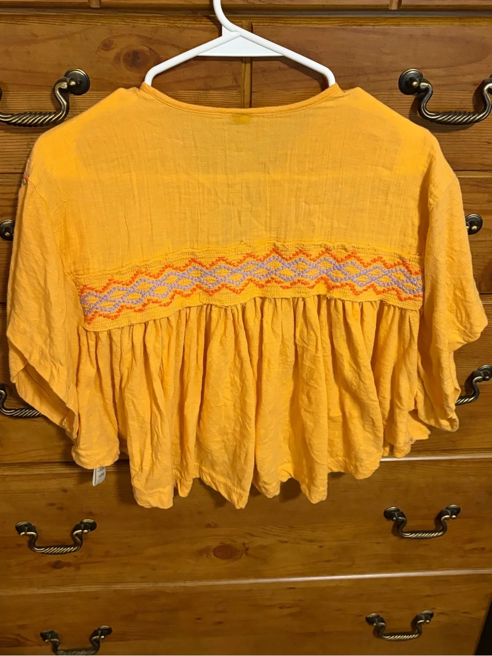 Free People Yellow Embroidered Tie-Front Crop Top